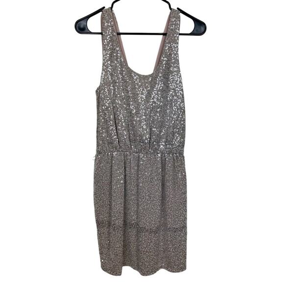 Express Silver Sequin Sleeveless Dress With Deep V-Back & Elastic Waist, Medium - Picture 1 of 6